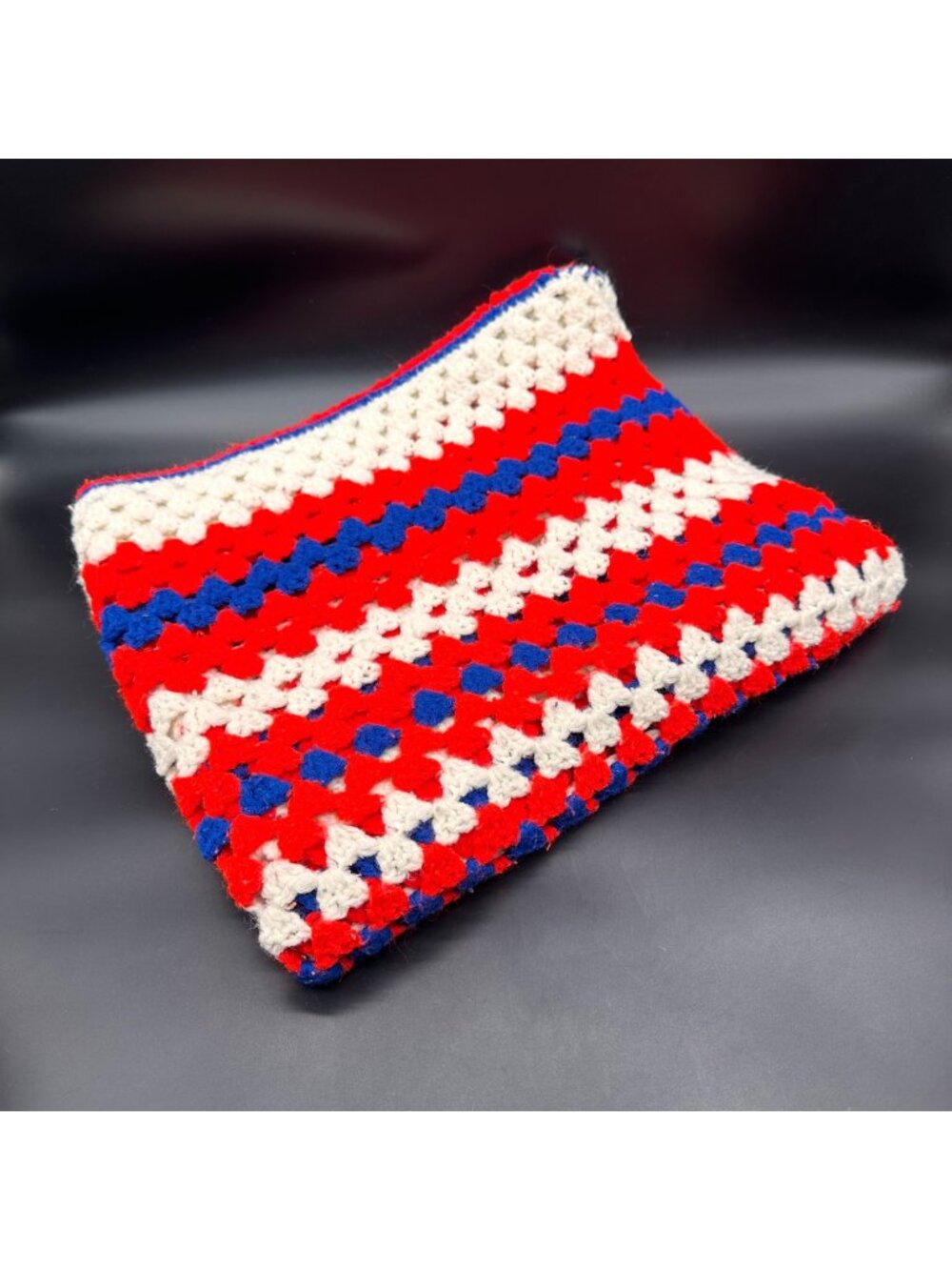 Vintage Afghan Crocheted Blanket Throw Stripes Patriotic Red White Blue Handmade